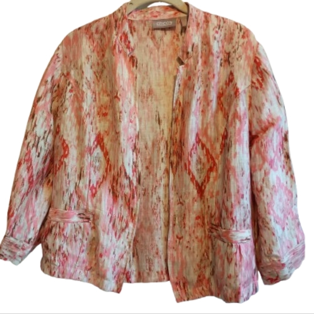 Chico’s Size 1 Linen Blend Open Front Jacket Pink Red Ikat Print Pockets...